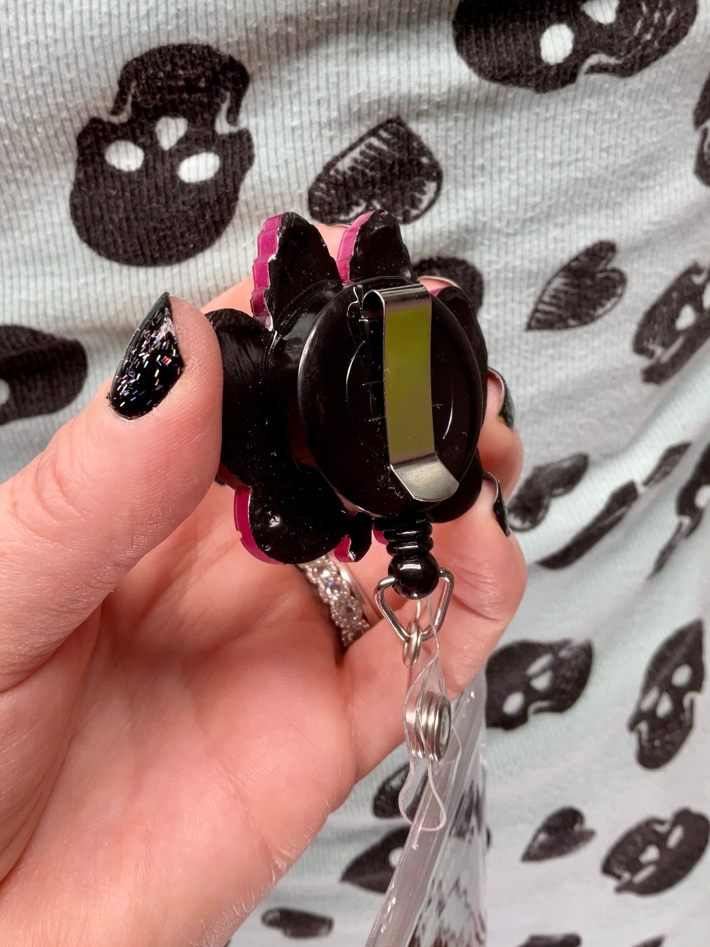 Hot Pink & Black Mothman Retractable Badge Reel - Glow in the Dark