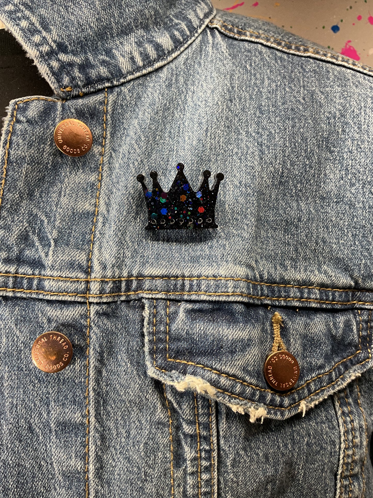 Black Crown Pin with Holographic Glitter
