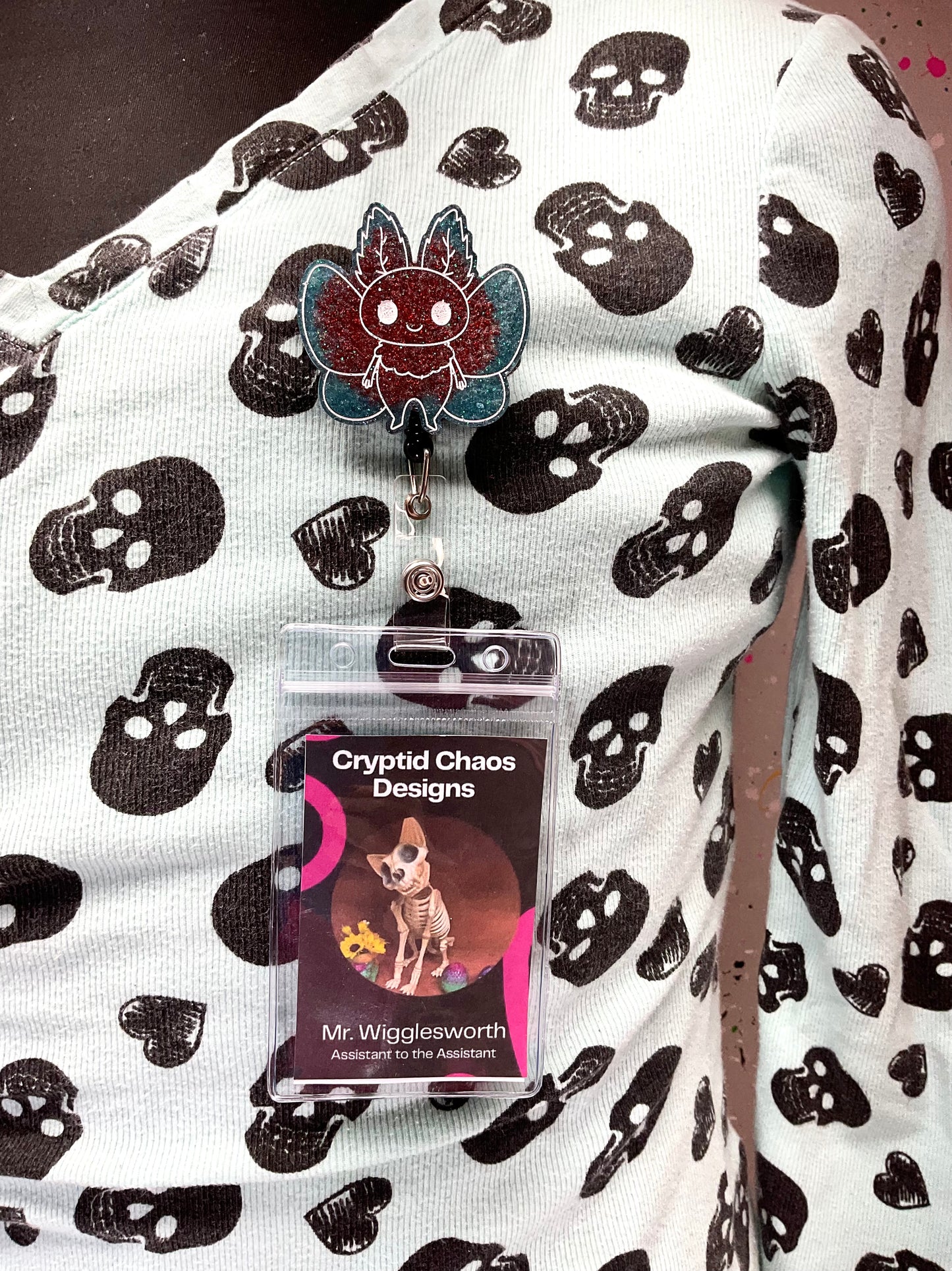 Teal & Red Mothman Retractable Badge Reel