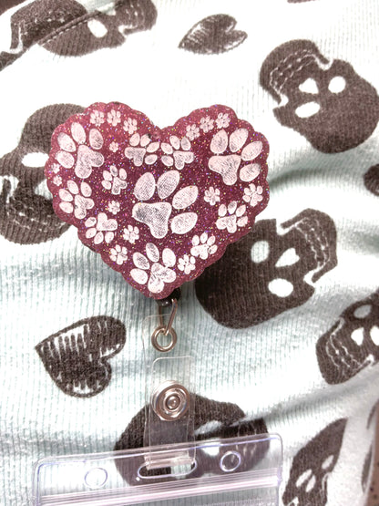 Pink Paw Print Heart Retractable Badge Reel
