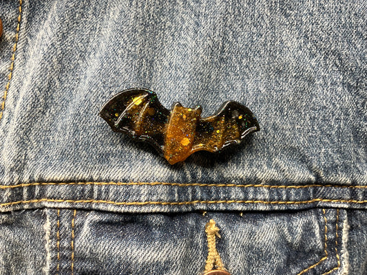 Black & Orange Bat Pin- Glow in the Dark Glitter