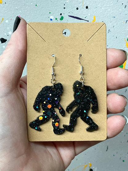 Black Holographic Bigfoot Dangle Earrings Hypoallergenic