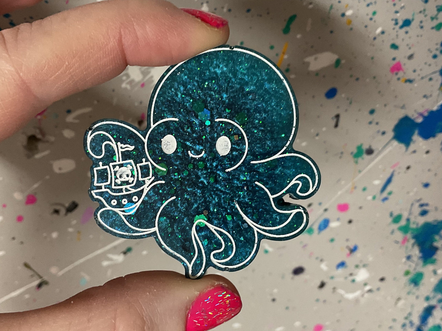 Small Teal Kraken Magnet With Green Glitter