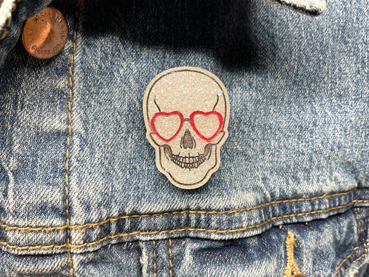 White Skull Pin with Heart Eye Glasses