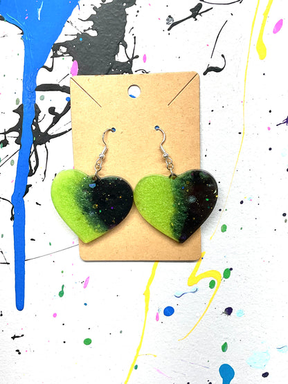 Green & Black Heart Hypoallergenic Earrings - Glow in the Dark