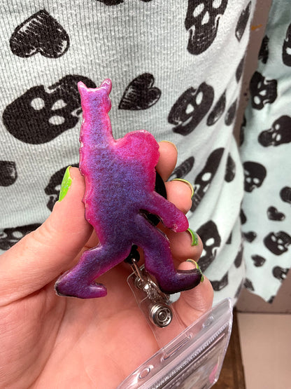 Purple & Pink Bigfoot Rock Hand Retractable Badge Reel-Glow in the Dark