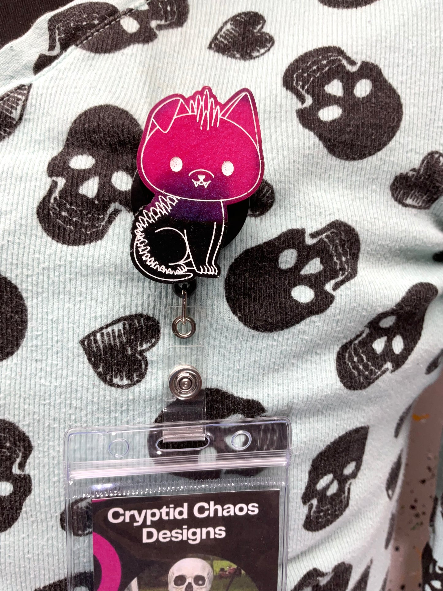 Hot Pink & Black Chupacabra Retractable Badge Reel-Glow In The Dark