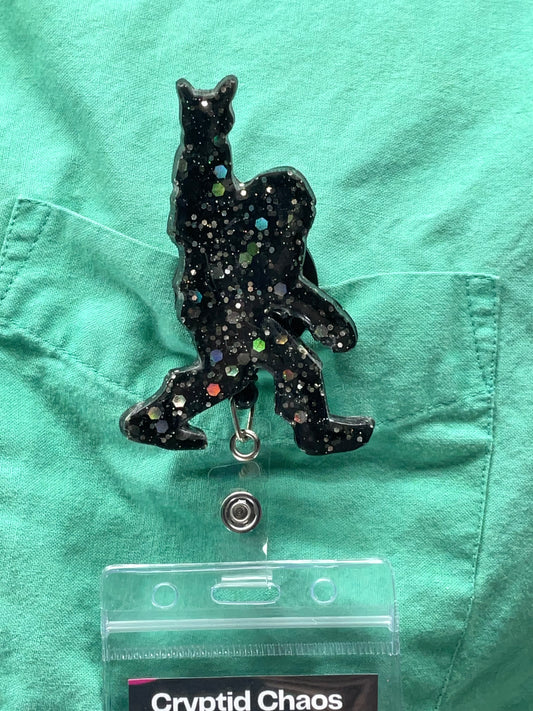 Black Bigfoot Rock Hand Retractable Badge Reel - Holographic Glitter