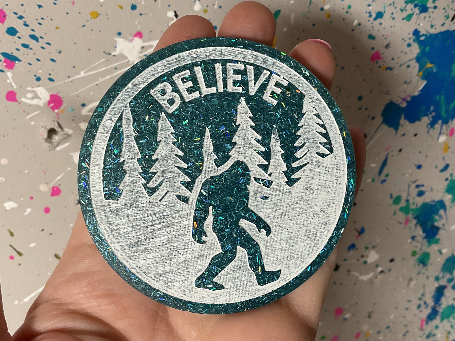Large Teal Believe Bigfoot 3 Inch Magnet