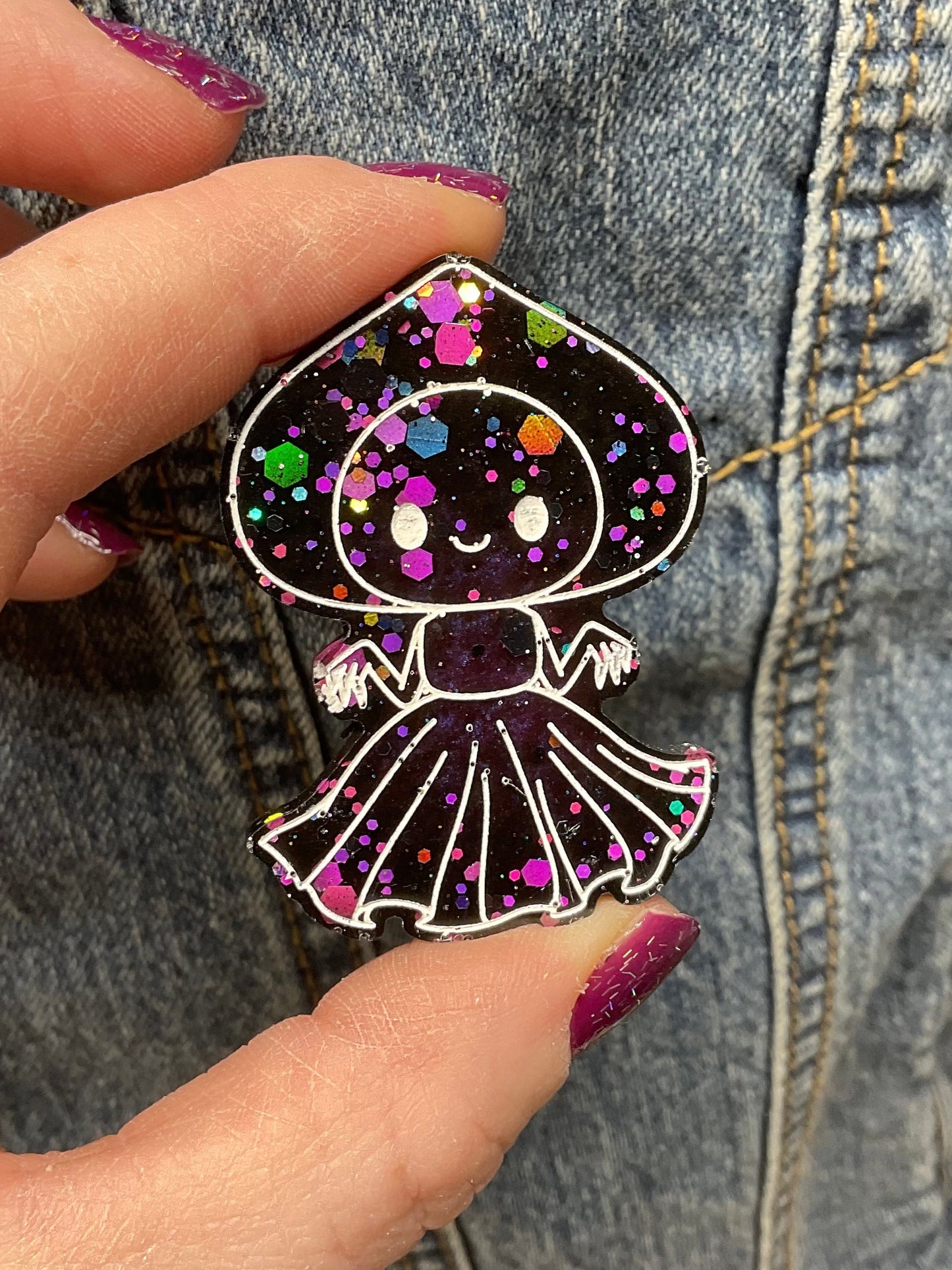 Black Pink Glitter Flatwoods Monster Pin
