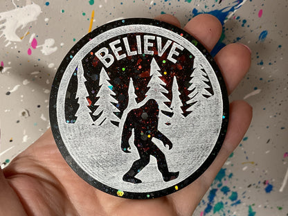 Large Black & Red Believe Bigfoot Magnet - Holographic Glitter - 3 Inch