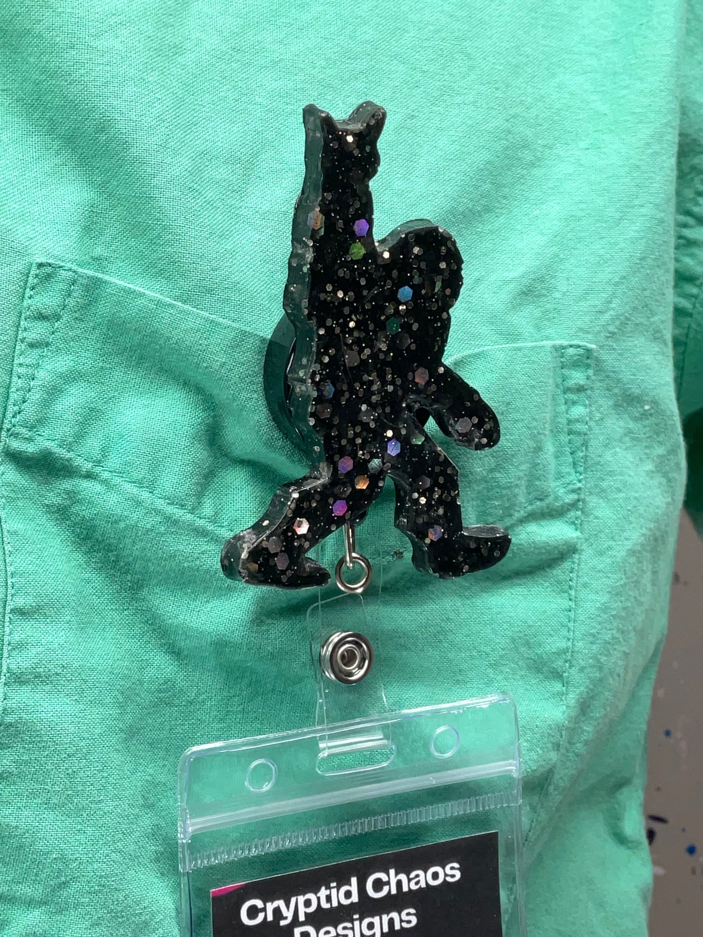 Black Bigfoot Rock Hand Retractable Badge Reel - Holographic Glitter