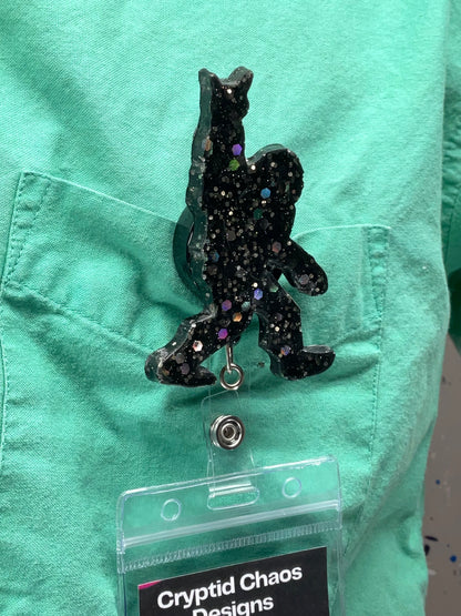 Black Bigfoot Rock Hand Retractable Badge Reel - Holographic Glitter