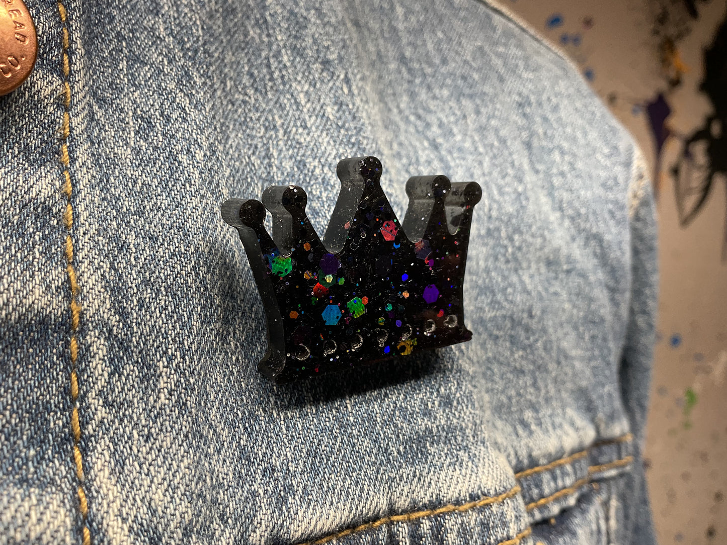 Black Crown Pin with Holographic Glitter