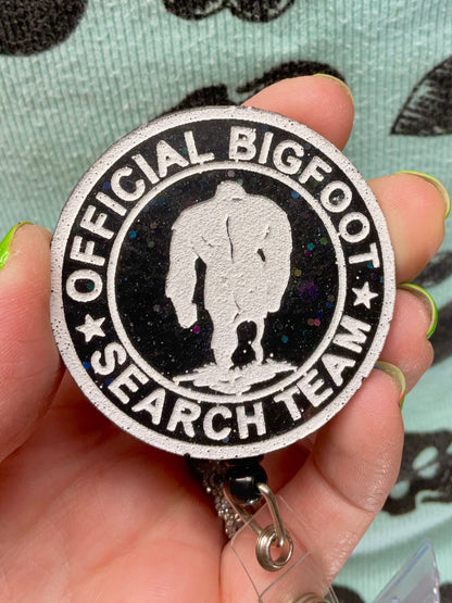 Official Bigfoot Search Team Retractable Badge Reel - Black with Holographic Glitter