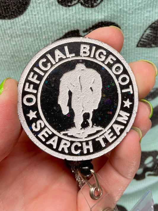 Official Bigfoot Search Team Retractable Badge Reel - Black with Holographic Glitter