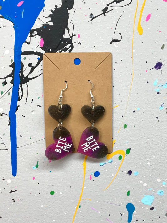 Bite Me Heart Earrings - Purple Black Hypoallergenic
