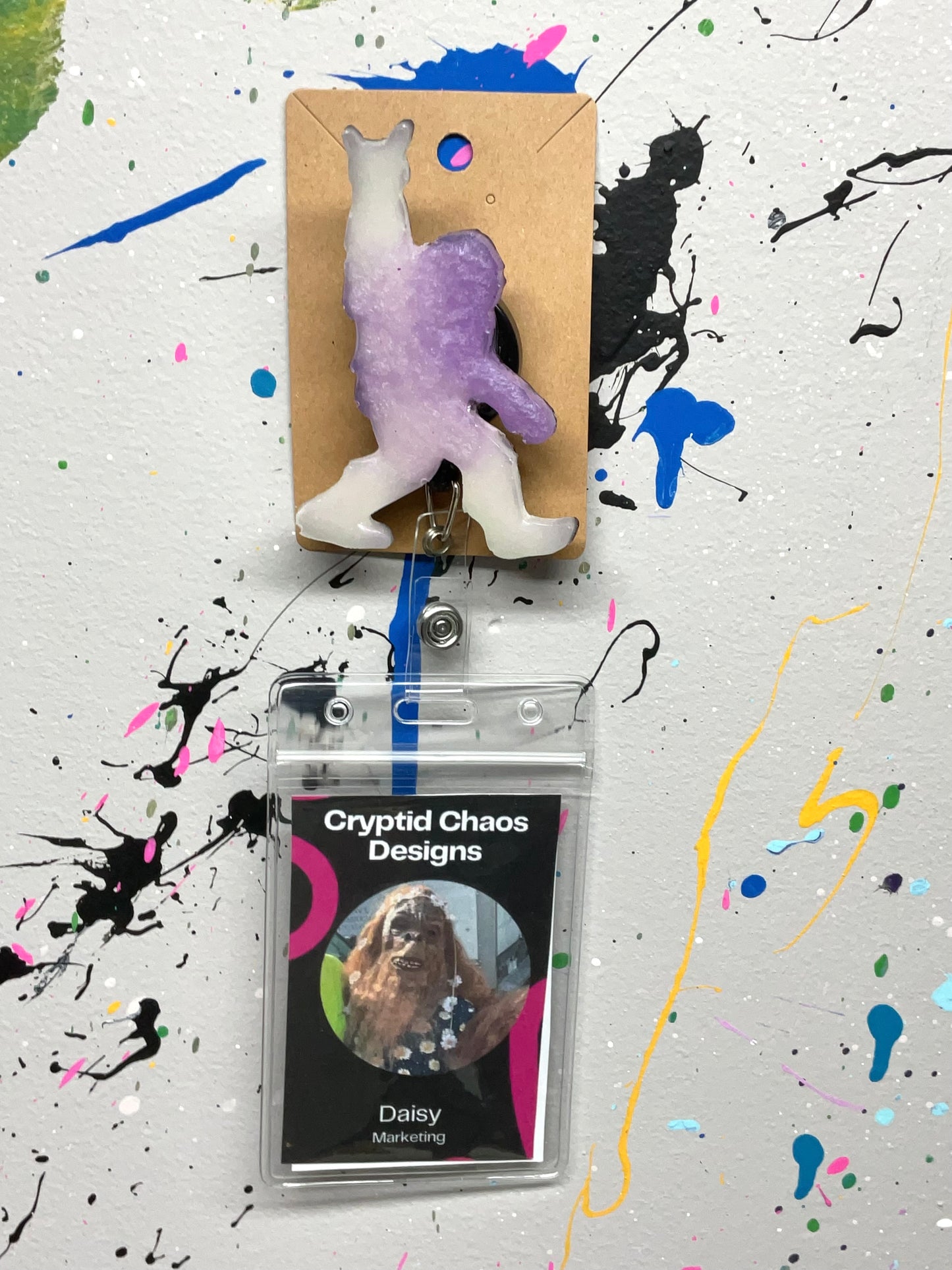 Purple & White Bigfoot Rock Hand Retractable Badge Reel- Glow in the Dark