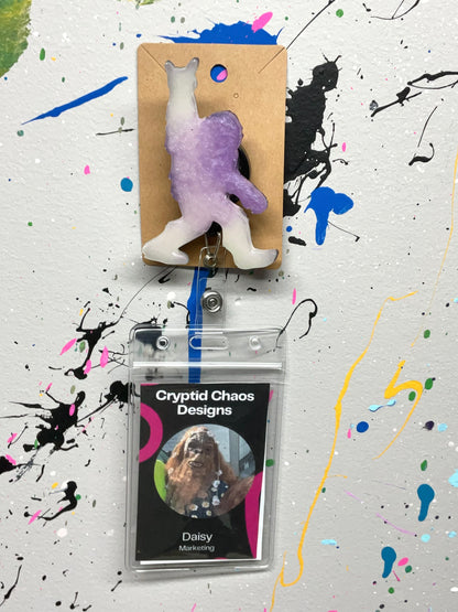 Purple & White Bigfoot Rock Hand Retractable Badge Reel- Glow in the Dark
