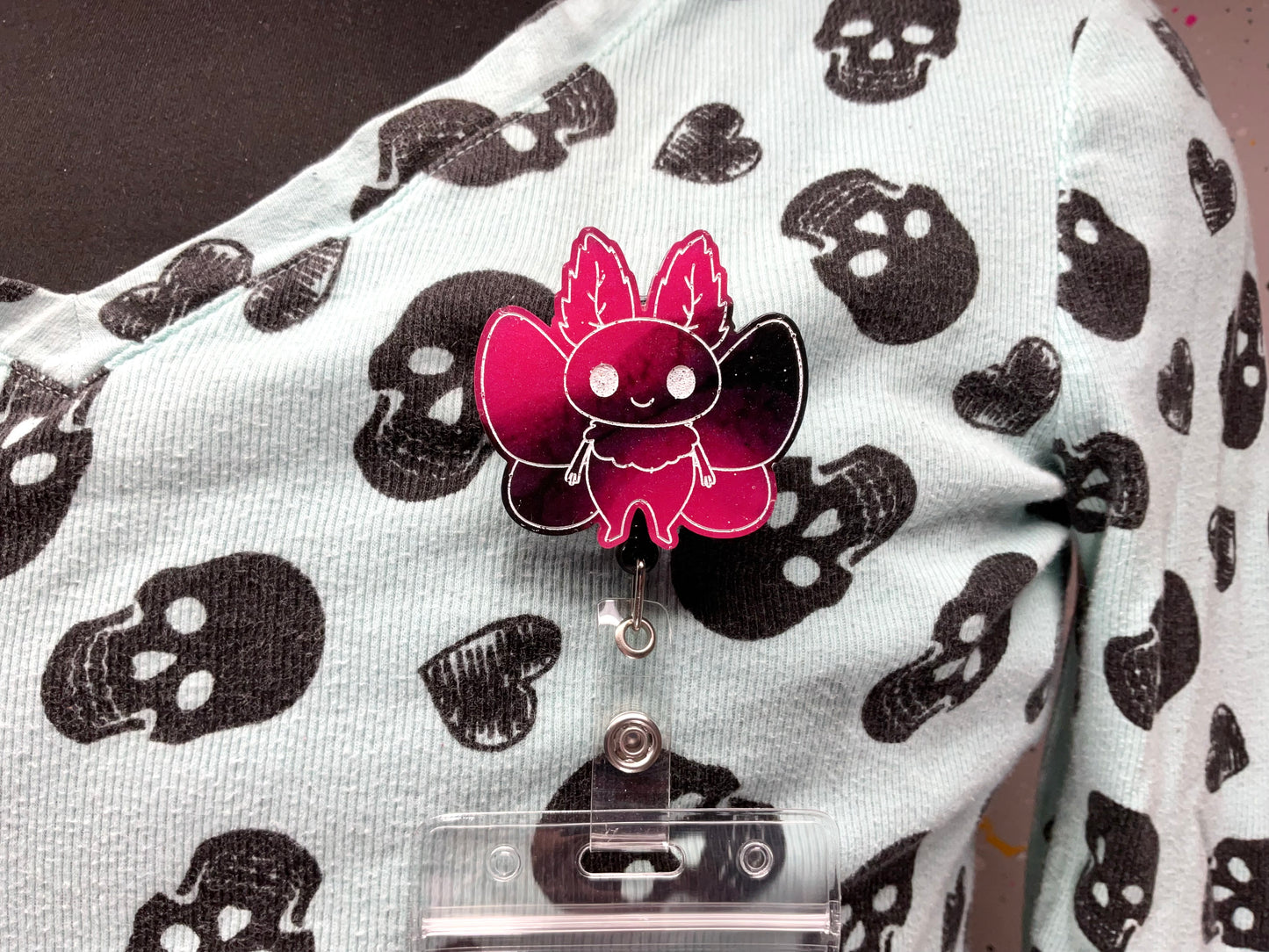 Hot Pink & Black Mothman Retractable Badge Reel - Glow in the Dark