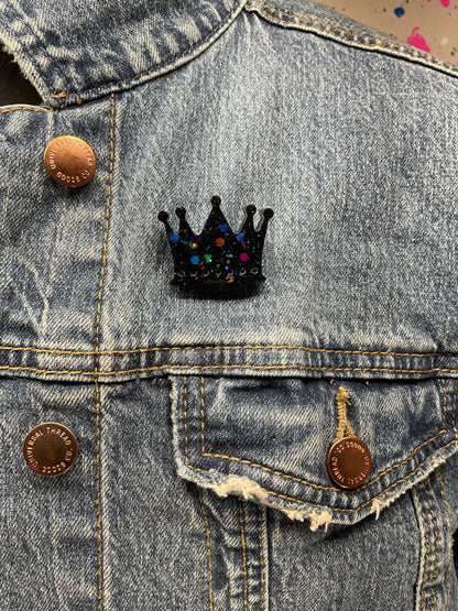 Black Crown Pin with Holographic Glitter