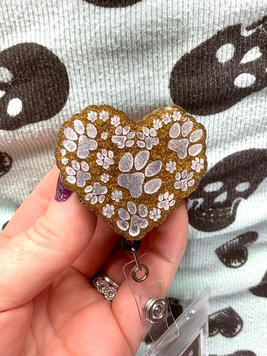 Yellow Paw Print Heart Retractable Badge Reel