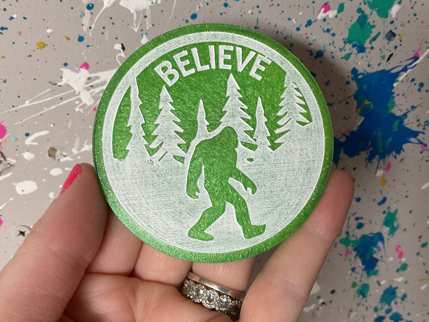 Large Green Believe Bigfoot Magnet - 3”
