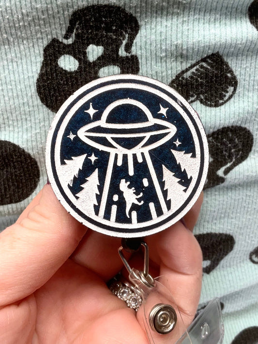 Blue UFO TRex Retractable Badge Reel
