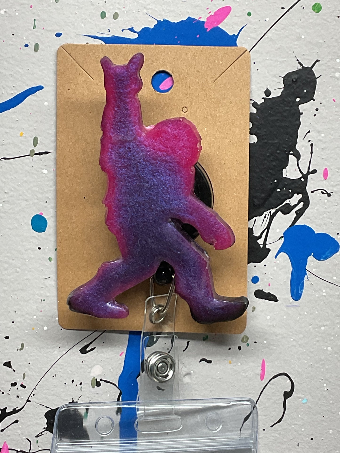 Purple & Pink Bigfoot Rock Hand Retractable Badge Reel-Glow in the Dark