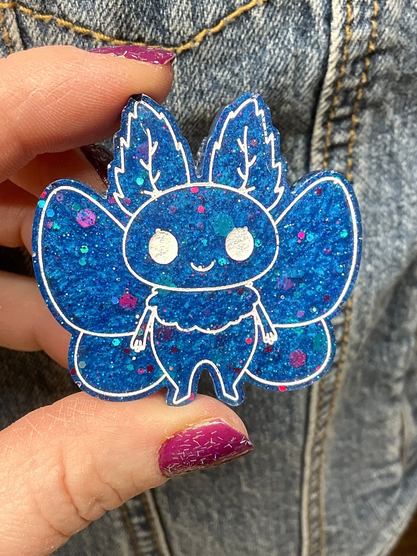 Blue Glitter Mothman Pin