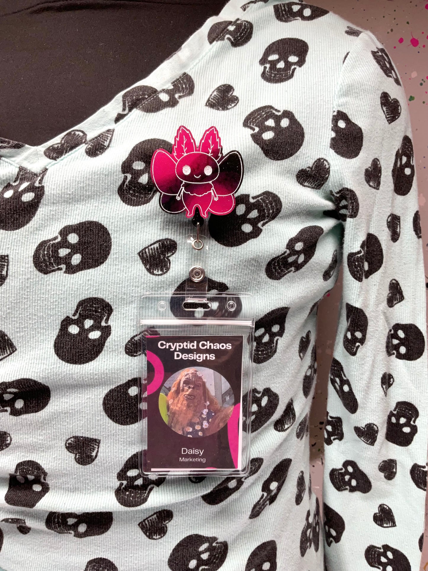 Hot Pink & Black Mothman Retractable Badge Reel - Glow in the Dark