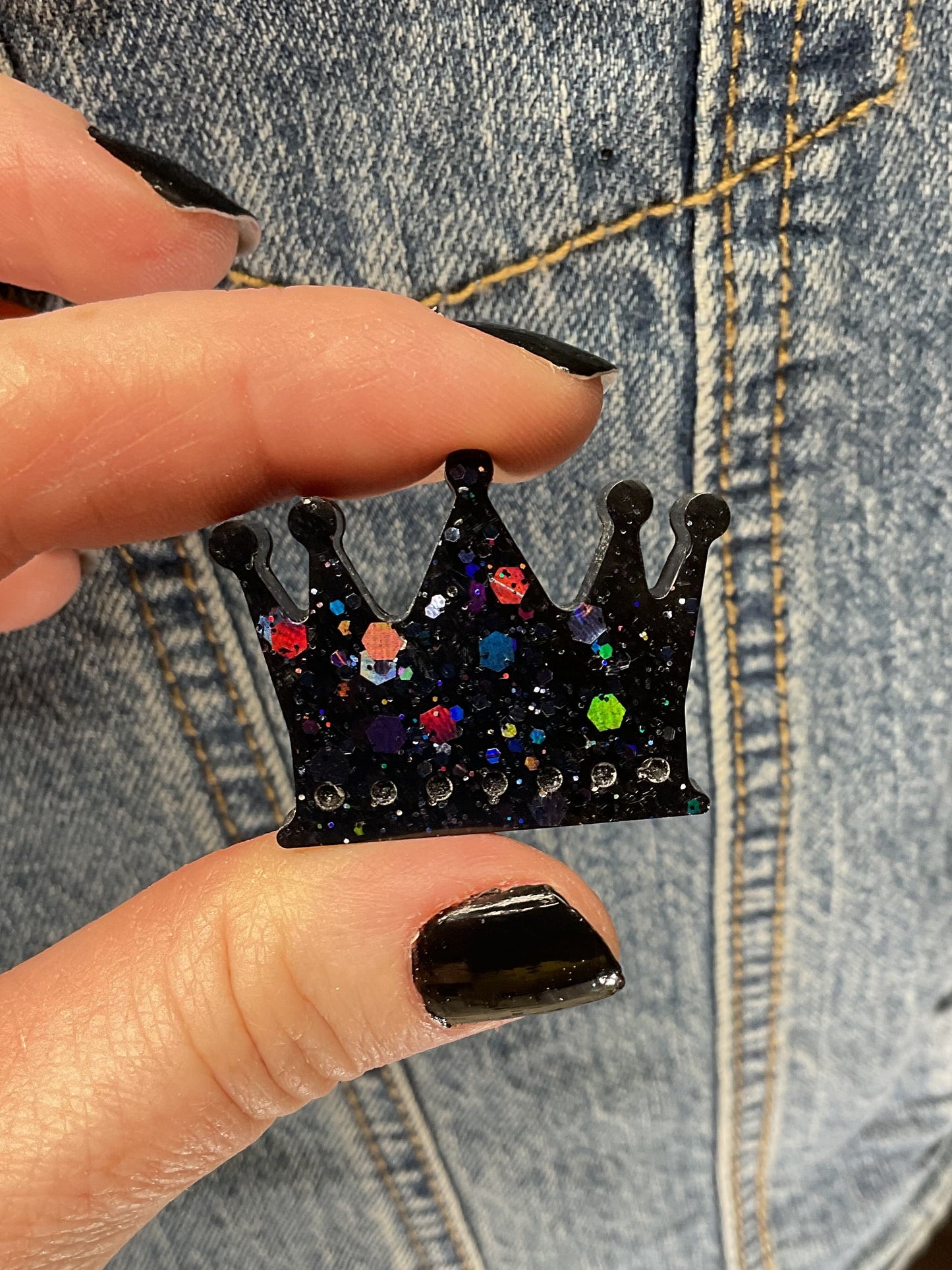 Black Crown Pin with Holographic Glitter