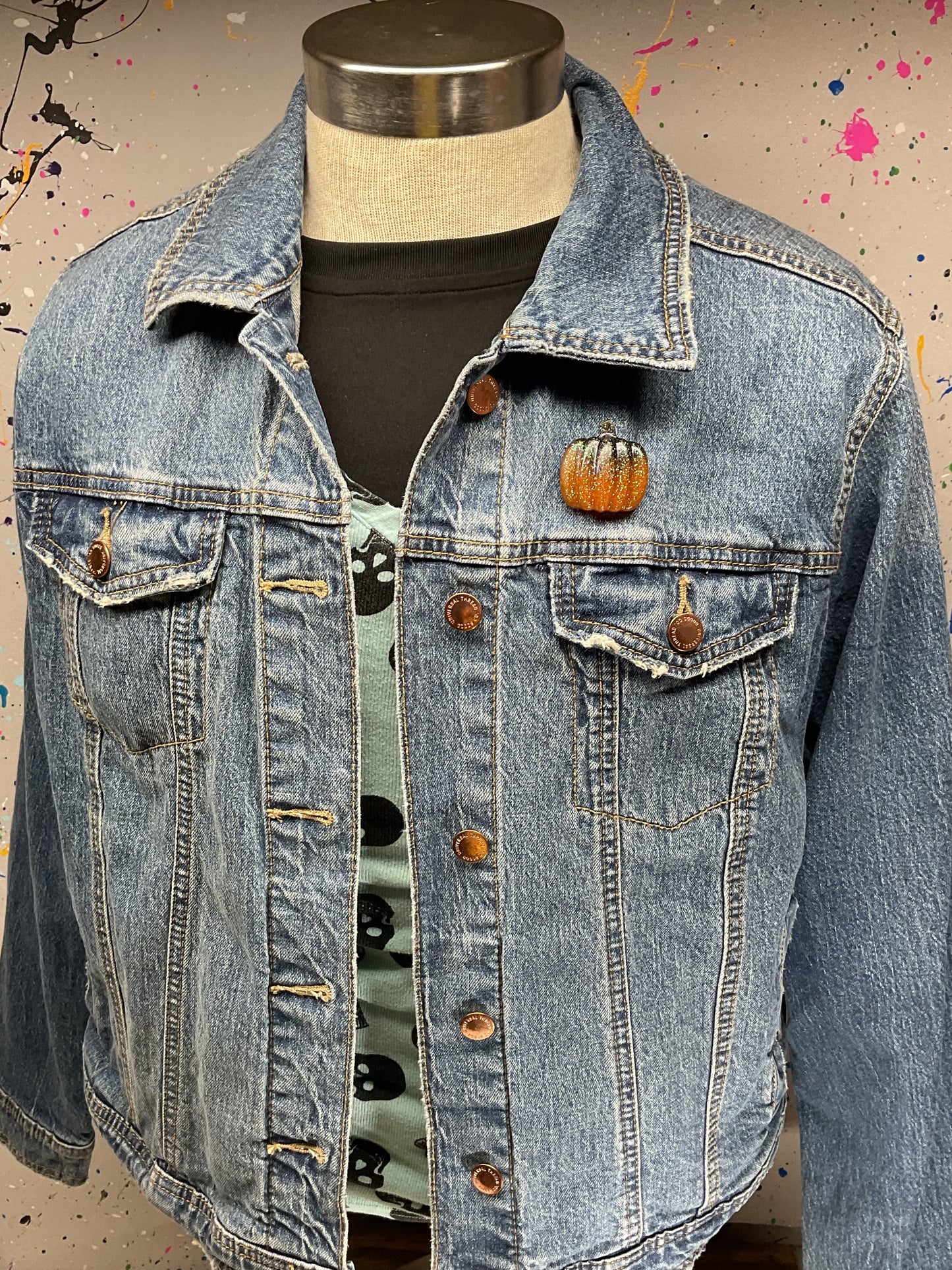 Orange & Black Pumpkin Pin with Green Glitter