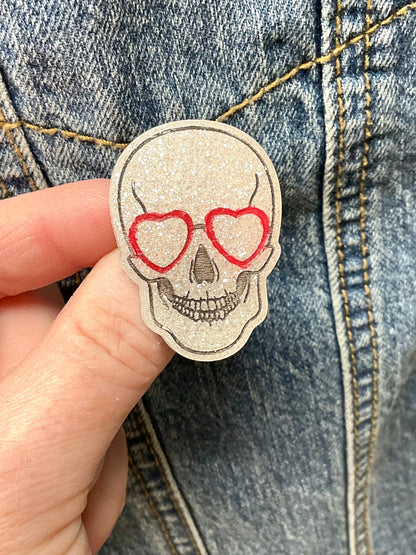 White Skull Pin with Heart Eye Glasses