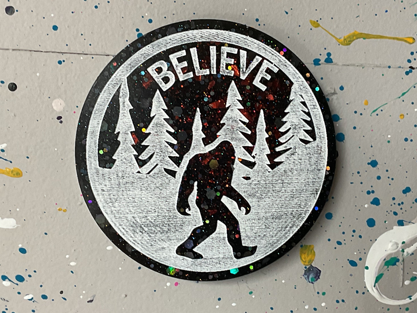 Large Black & Red Believe Bigfoot Magnet - Holographic Glitter - 3 Inch