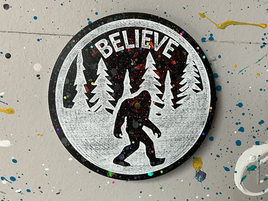 Large Black & Red Believe Bigfoot Magnet - Holographic Glitter - 3 Inch