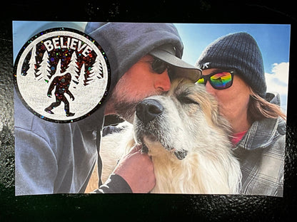 Large Black & Red Believe Bigfoot Magnet - Holographic Glitter - 3 Inch