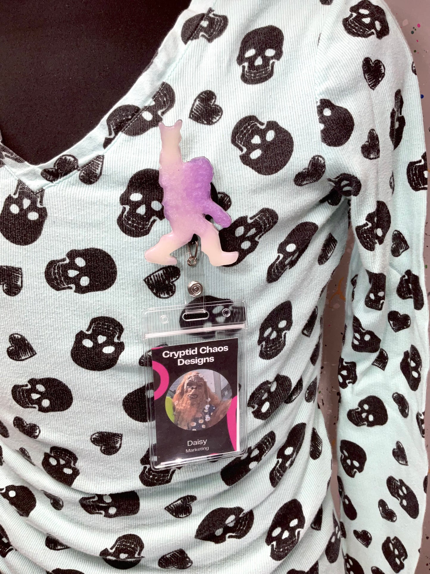 Purple & White Bigfoot Rock Hand Retractable Badge Reel- Glow in the Dark