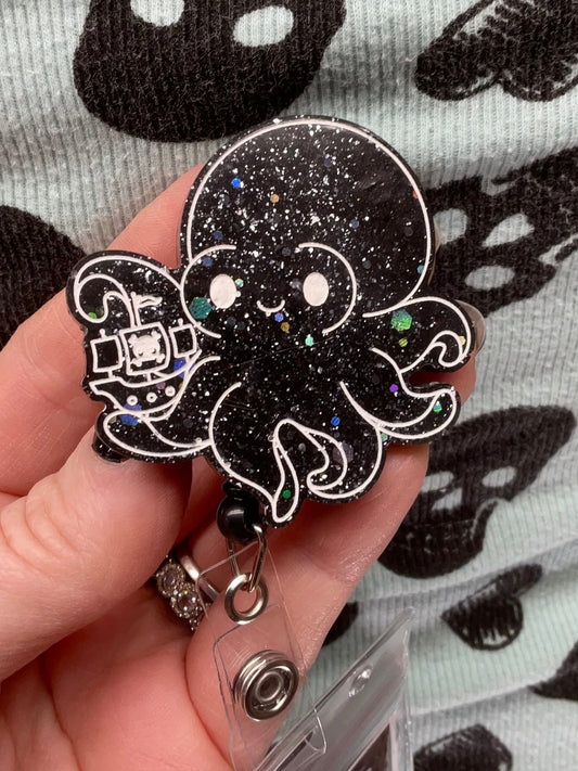 Black Glitter Kraken Retractable Badge Reel