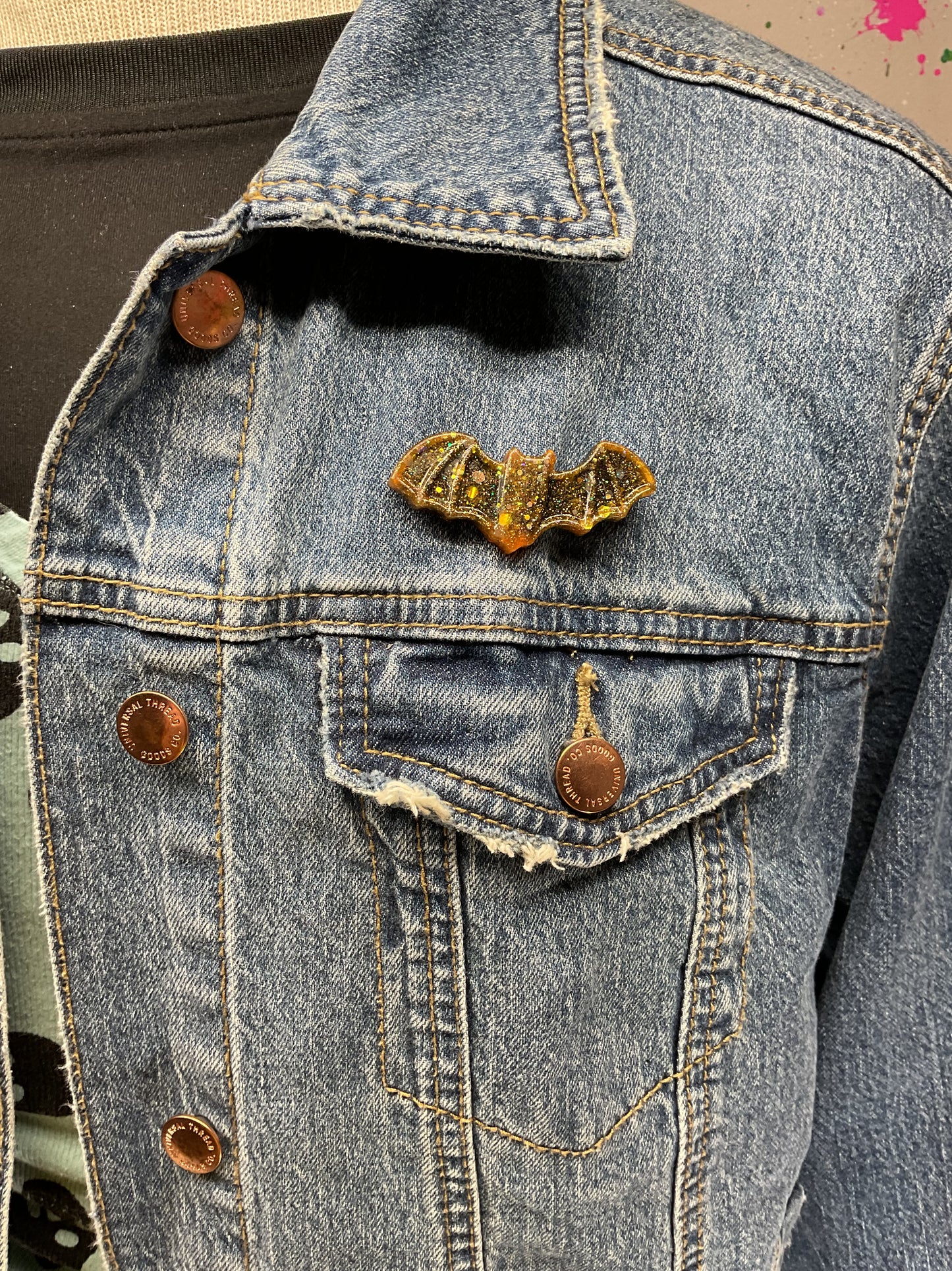 Gold Bat Pin- Glow in the Dark Glitter