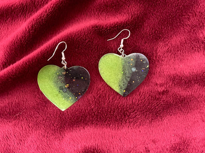 Green & Black Heart Hypoallergenic Earrings - Glow in the Dark
