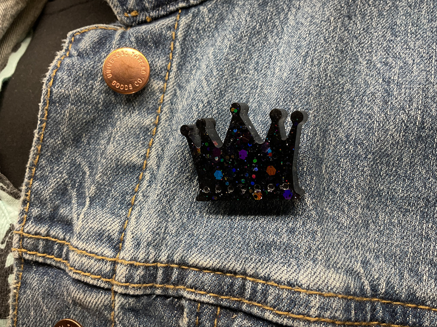 Black Crown Pin with Holographic Glitter