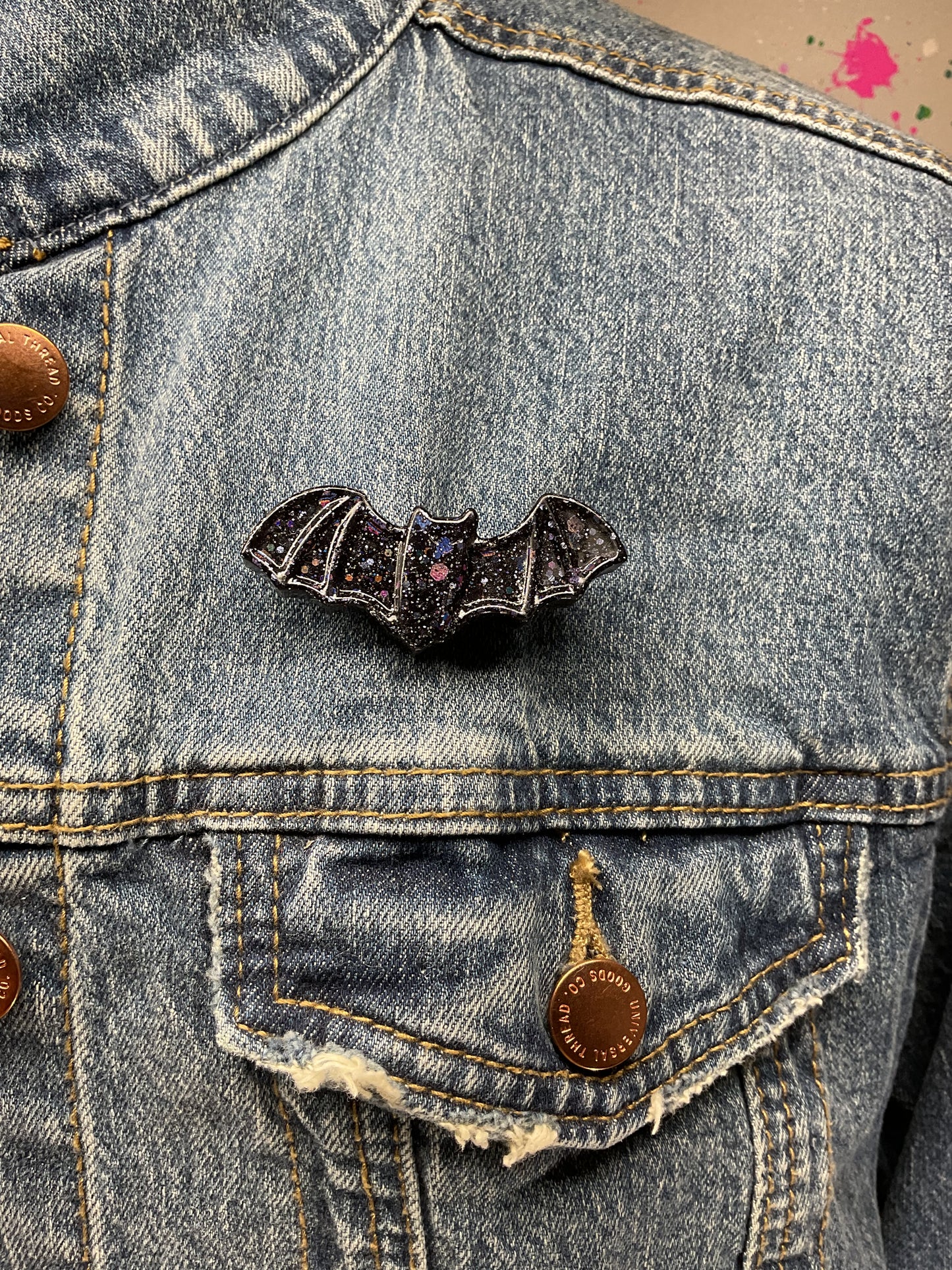 Black Holographic & Silver Glitter Bat Pin