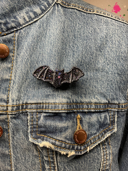 Black Holographic & Silver Glitter Bat Pin
