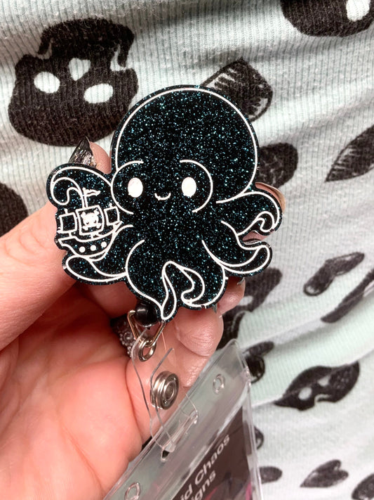 Black & Blue Glitter Kraken Retractable Badge Reel