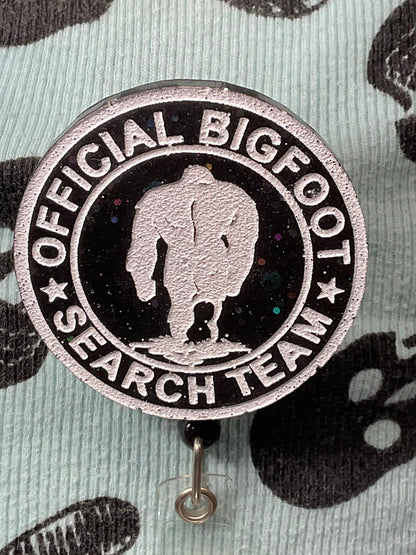 Official Bigfoot Search Team Retractable Badge Reel - Black with Holographic Glitter