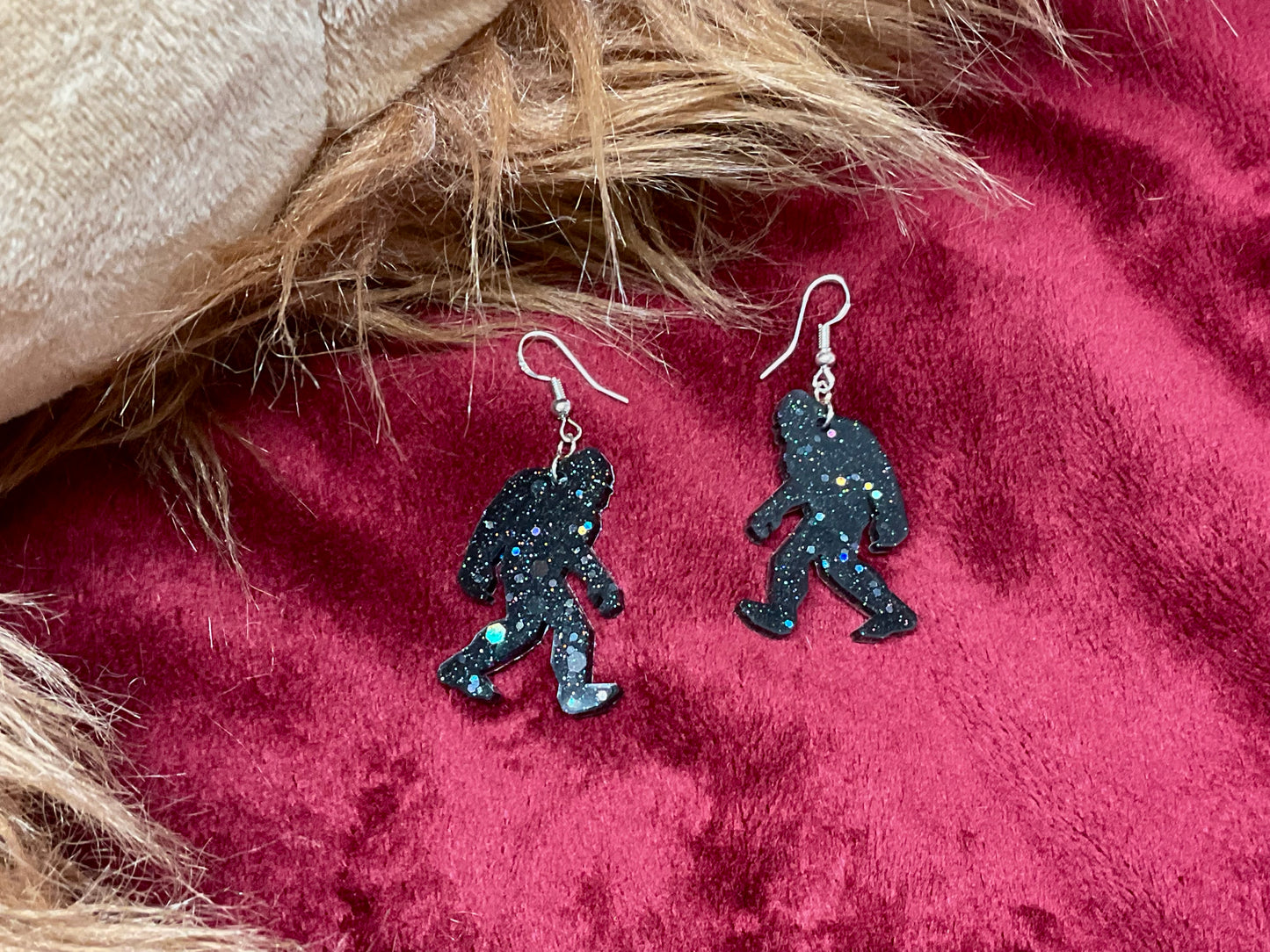 Black Holographic Bigfoot Dangle Earrings Hypoallergenic
