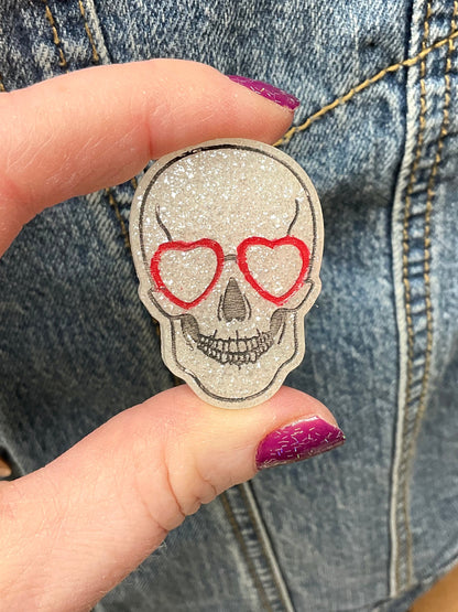 White Skull Pin with Heart Eye Glasses