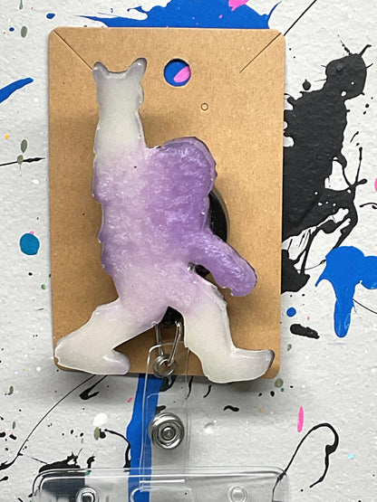 Purple & White Bigfoot Rock Hand Retractable Badge Reel- Glow in the Dark