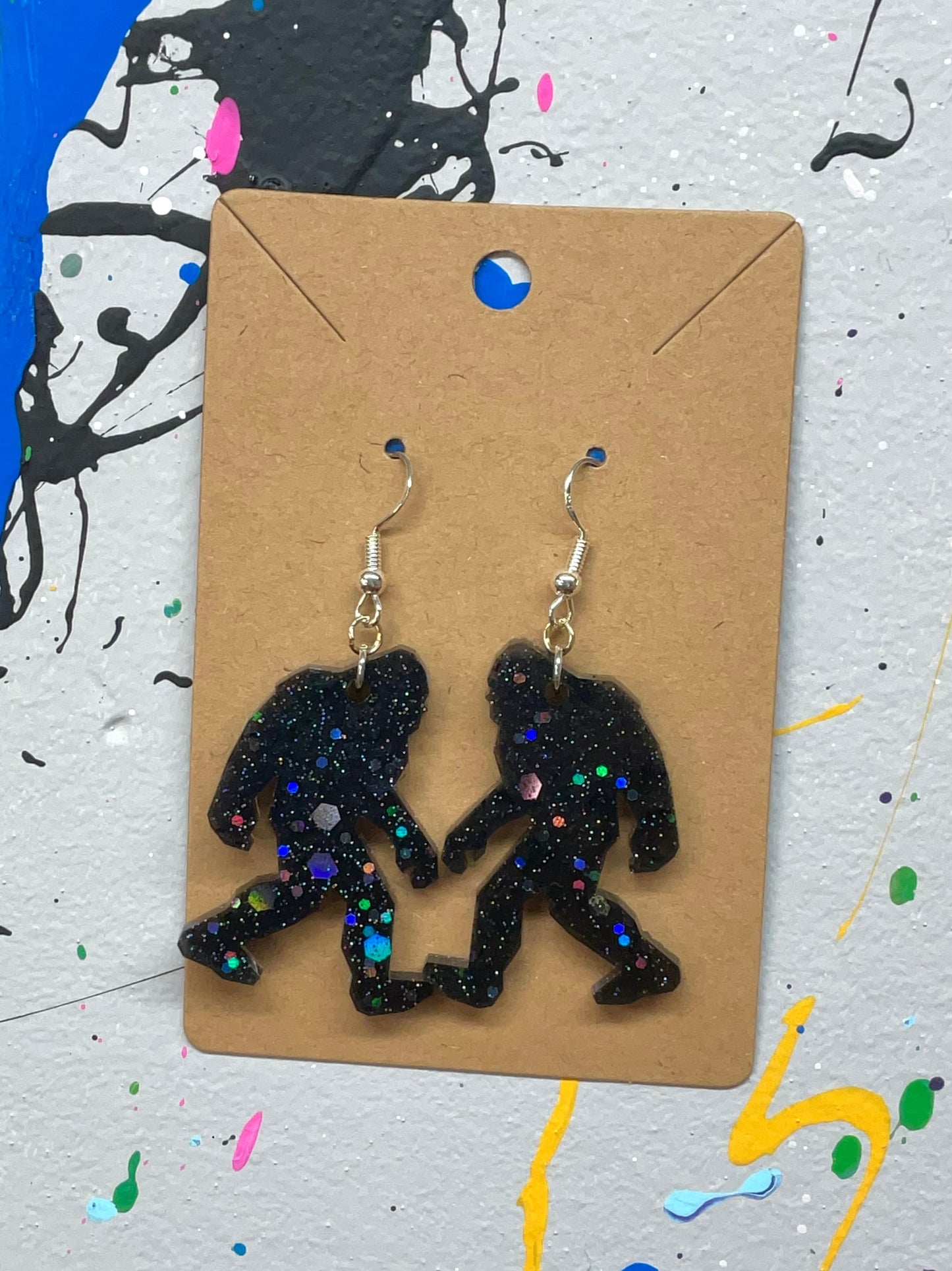 Black Holographic Bigfoot Dangle Earrings Hypoallergenic